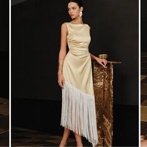 NWT Commense Satin Asymmetrical Fringe Maxi Dress in Gold  size XS